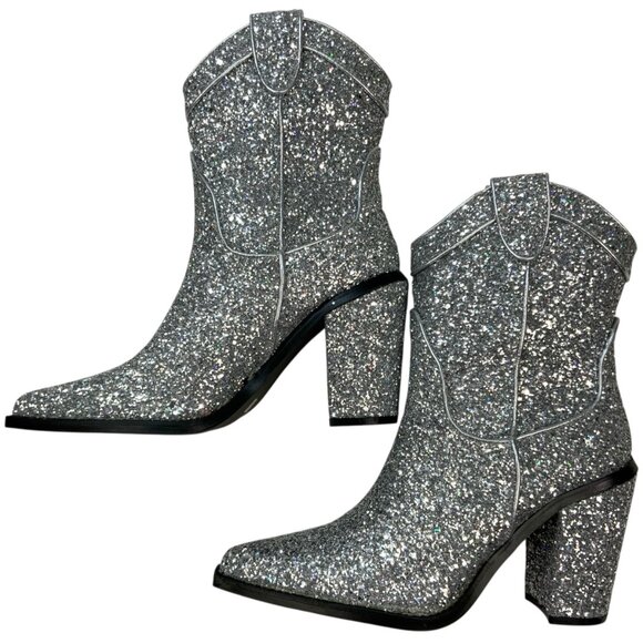 Dolls Kill Trickz N' Treatz Glitter Diva Deputy Cowboy Boots 9 Silver Cowgirl - Picture 11 of 15